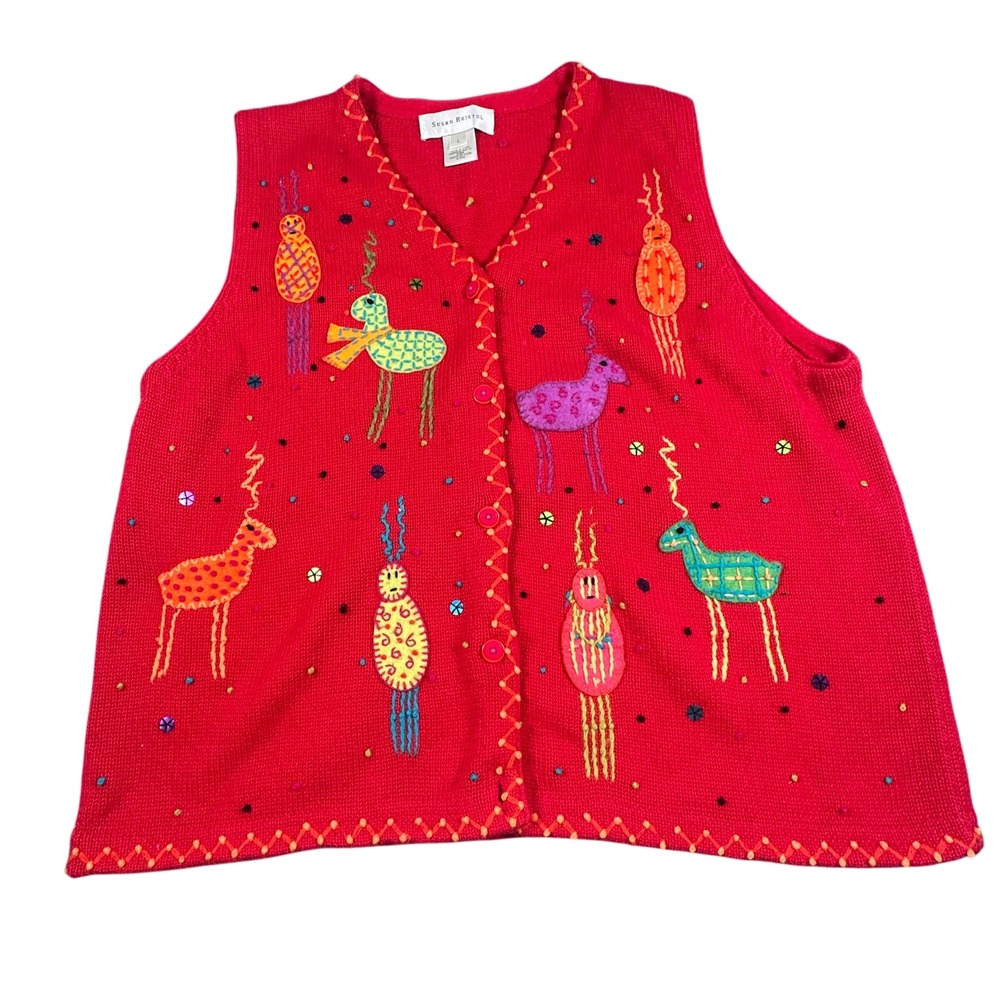 Vintage Susan Bristol‎ Sweater Vest Womens Large Reindeer Holiday Embroidered
